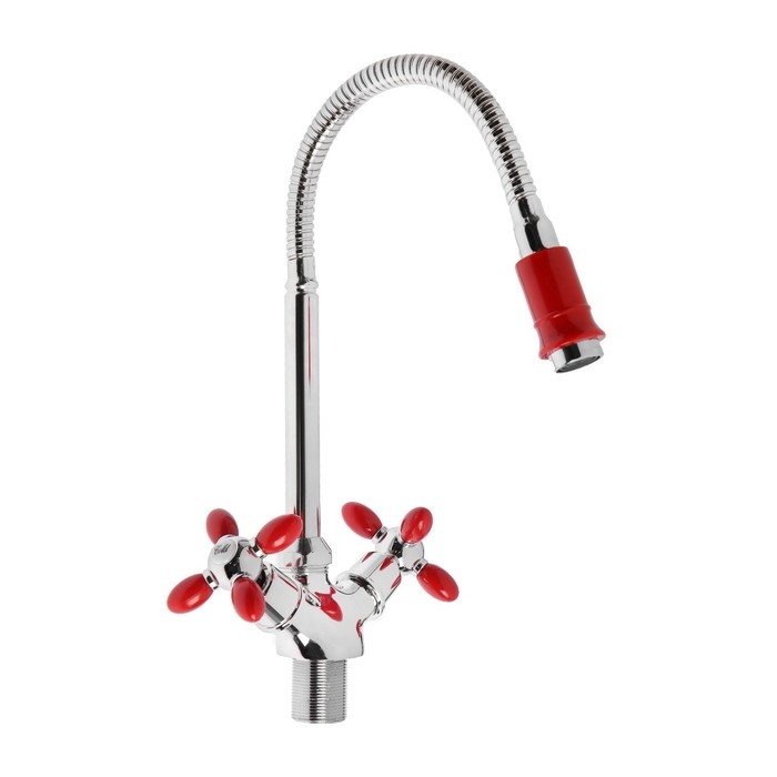 Смеситель для кухни ZEIN ZC2027, гибкий излив, кран-букса латунь 1/2 Смеситель для кухни ZEIN ZC2027, гибкий излив, кран-букса латунь 1/2", красный/хром