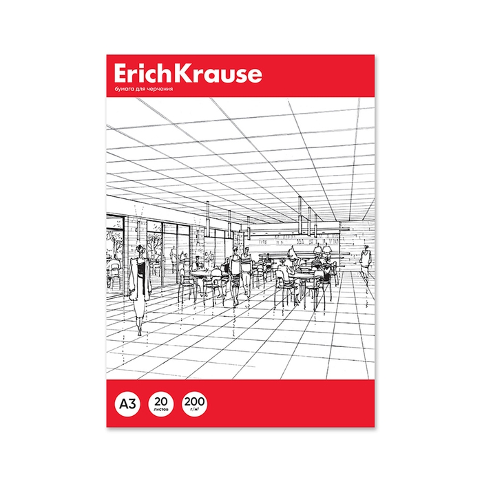 Бумага для черчения А3, 20 листов, блок 200 г/м&sup2;, ErichKrause, без рамки, в папке