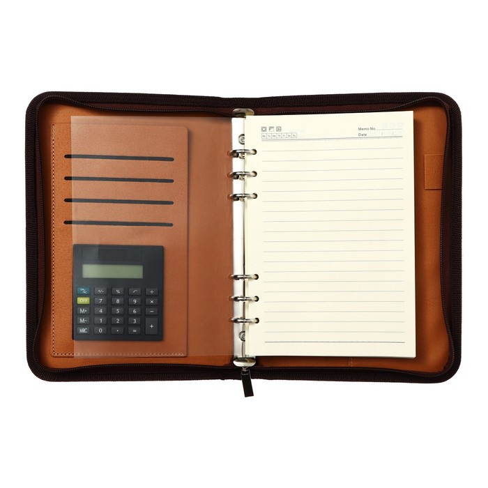 Органайзер на кольцах А5, 100 листов линейку, с калькулятором, на молнии, коричневый Органайзер на кольцах А5, 100 листов линейку, с калькулятором, на молнии, коричневый