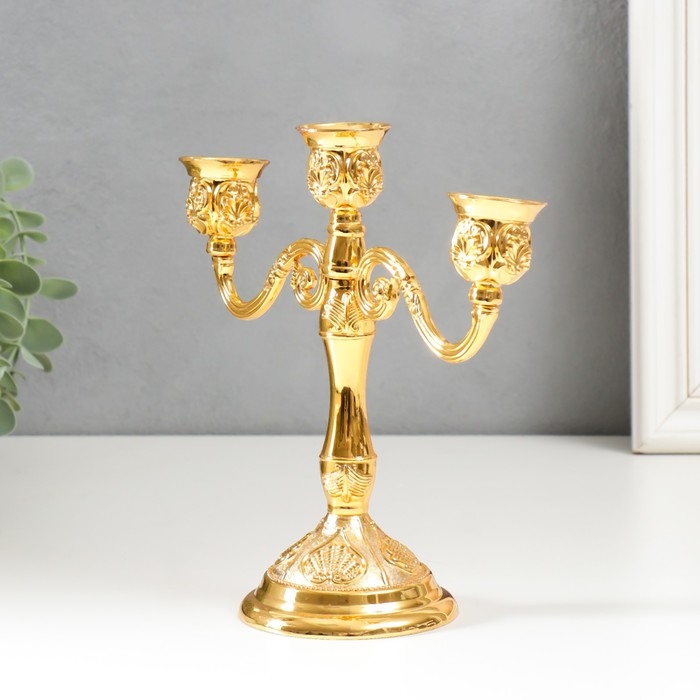 Подсвечник металл на 3 свечи Подсвечник металл на 3 свечи "Резной лист" цвет золото 18х20,5х8,5 см