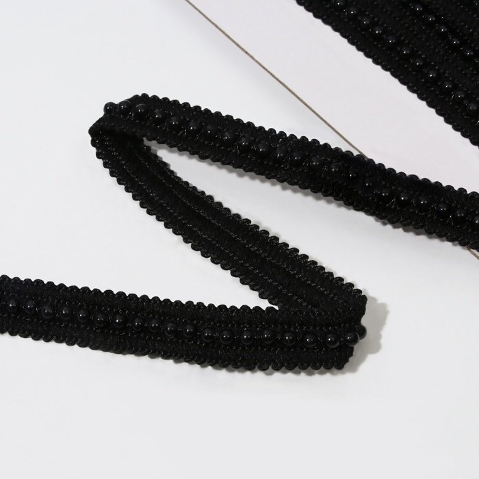 Тесьма декоративная с бусинами, 15 мм, 4,5 &plusmn; 0,5 м, цвет чёрный