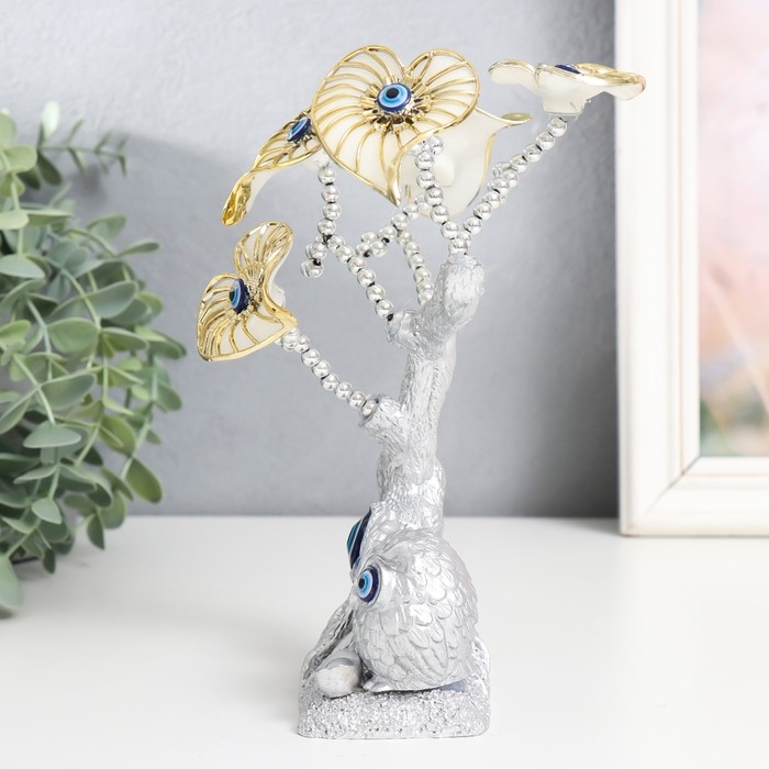 Сувенир от сглаза "Цветущее дерево, листья-сердце. Филин" серебро 15х5,7х20 см