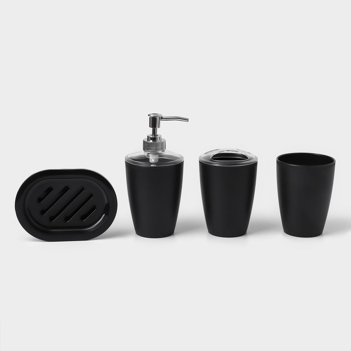 Набор для ванной &laquo;Эталон&raquo;, 4 предмета: дозатор для мыла, мыльница, 2 стакана, 24&times;8&times;17 см, цвет чёрный