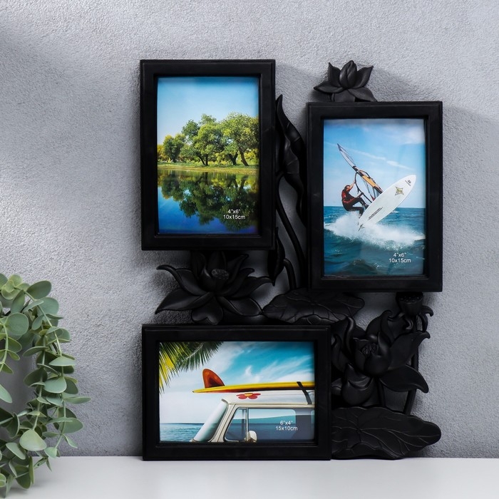 Фоторамка пластик на 3 фото 10х15 см Фоторамка пластик на 3 фото 10х15 см "Лотосы" чёрный 36х27 см