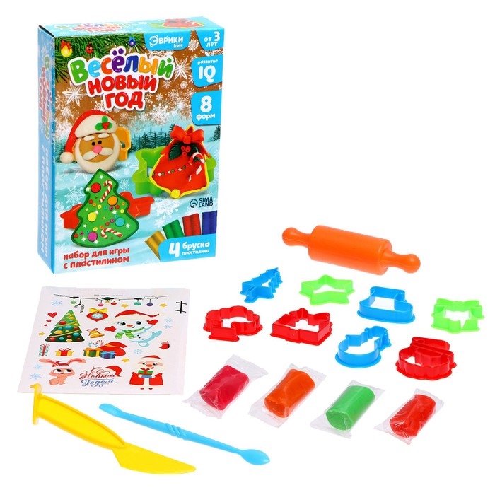 Набор для игры с пластилином &laquo;Весёлый Новый год&raquo;, 8 форм, 4 бруска пластилина