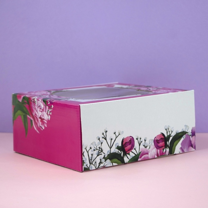 Коробка самосборная, с окном, "Весенние пионы", 19 х 19 х 9 см