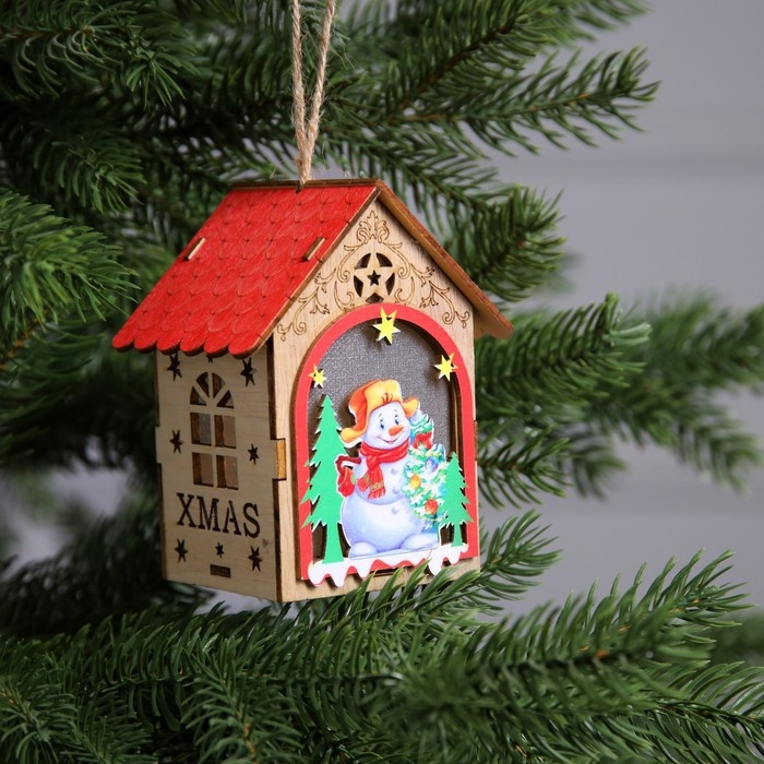 Ёлочная игрушка &laquo;Домик со снеговиком&raquo;, от батареек, свечение тёплое белое