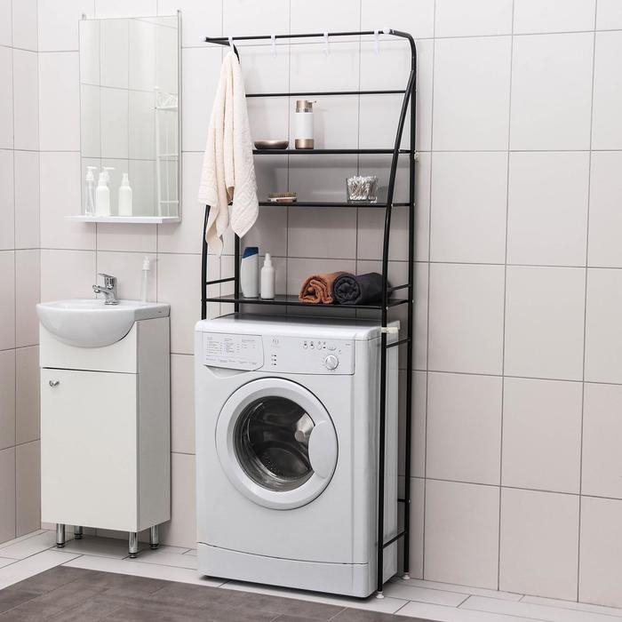 Стеллаж над стиральной машинкой со штангой для сушки, 66&times;25&times;175 см, цвет чёрный