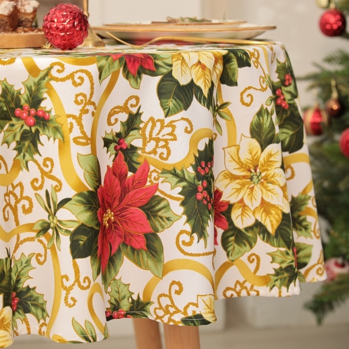 Скатерть Доляна "Праздничные украшения" d145см, 100% п/э, 140гр/м2