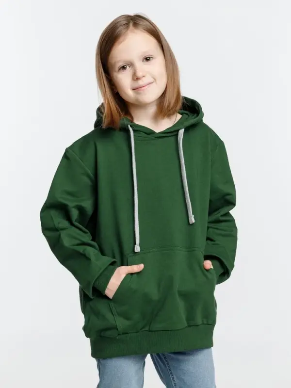 Толстовка с капюшоном детская Kirenga Kids, темно-зеленая, 10 лет