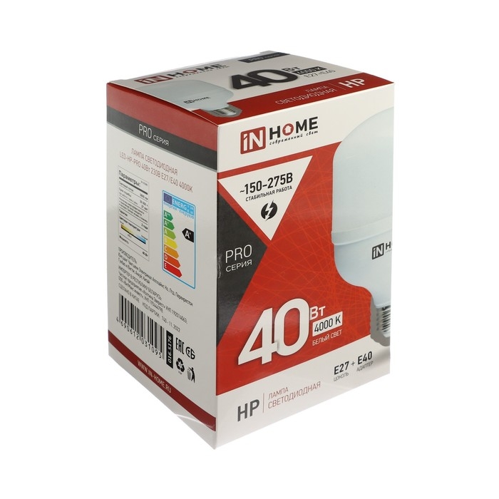 Лампа светодиодная IN HOME LED-HP-PRO, 40 Вт, 230 В, Е27, E40, 4000 К, 3800 Лм, с адаптером Лампа светодиодная IN HOME LED-HP-PRO, 40 Вт, 230 В, Е27, E40, 4000 К, 3800 Лм, с адаптером