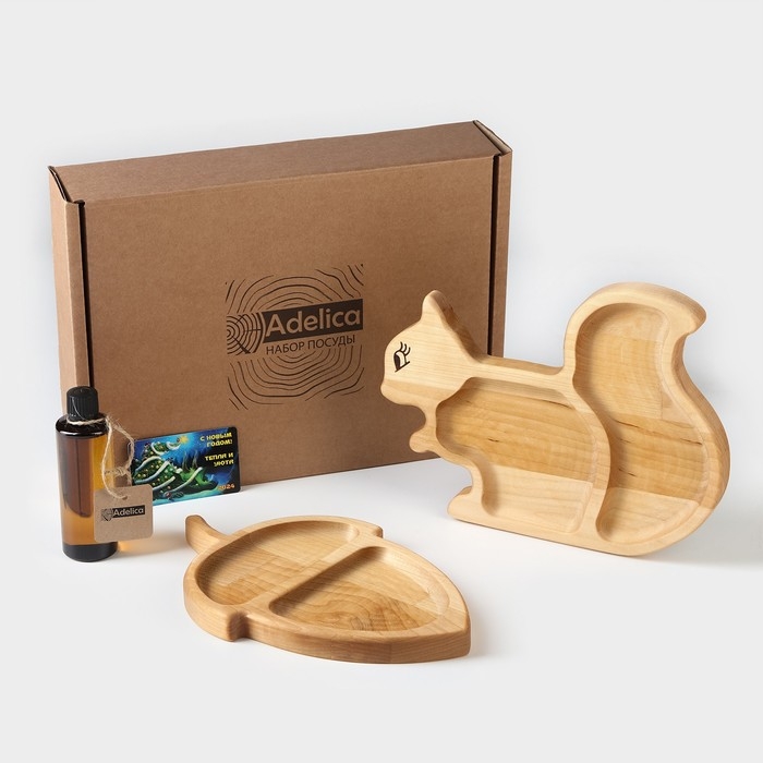 Подарочный набор деревянной посуды Adelica &laquo;Белка с орехом&raquo;, менажницы: белка 25&times;19 см, орех 25&times;16 см, масло 100 мл, магнит в подарок