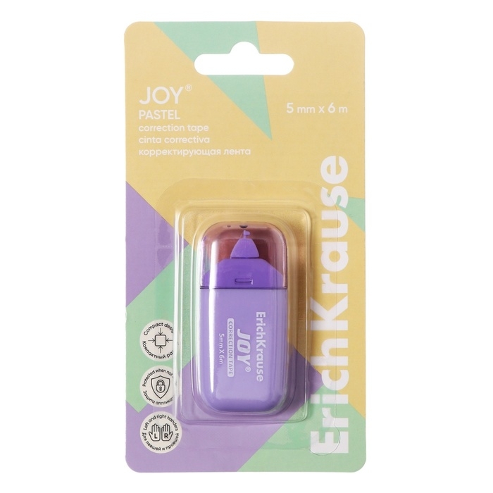 Корректирующая лента 5 мм х 6 м, ErichKrause JOY Pastel, компактный размер, защитный колпачок, микс, блистер Корректирующая лента 5 мм х 6 м, ErichKrause JOY Pastel, компактный размер, защитный колпачок, микс, блистер