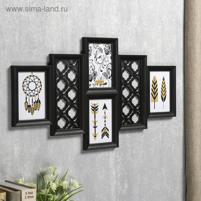 Фоторамка пластик на 4 фото 10х15 см Фоторамка пластик на 4 фото 10х15 см "Узор" чёрная 35х62х2 см