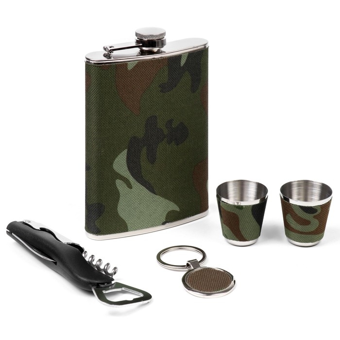 Подарочный набор 5 в 1 "Полевой": фляжка 270 мл, 2 рюмки,брелок, открывалка-штопор, 17 х 21.5 см 112