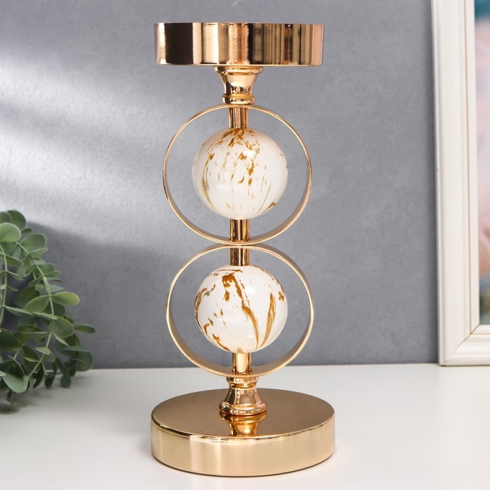 Подсвечник металл на 1 свечу Подсвечник металл на 1 свечу "Два белых мраморных шара в сферах" золото 27х12х12 см