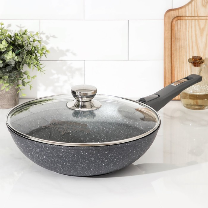 Сковорода &laquo;Гранит ВОК&raquo;, d=28 см, съёмная ручка, стеклянная крышка, антипригарное покрытие, цвет серый