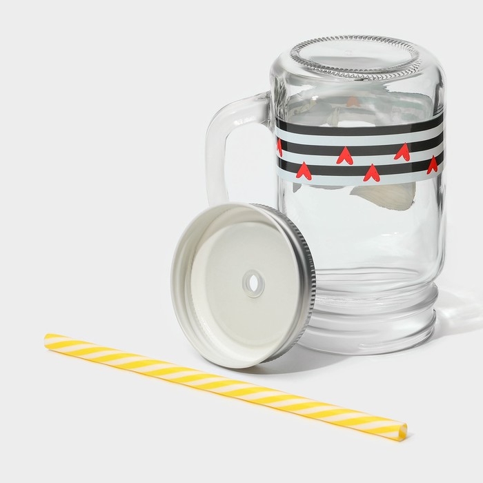 Кружка стеклянная с крышкой и трубочкой Доляна &laquo;Поцелуй&raquo;, 450 мл, 10&times;7,5&times;13 см