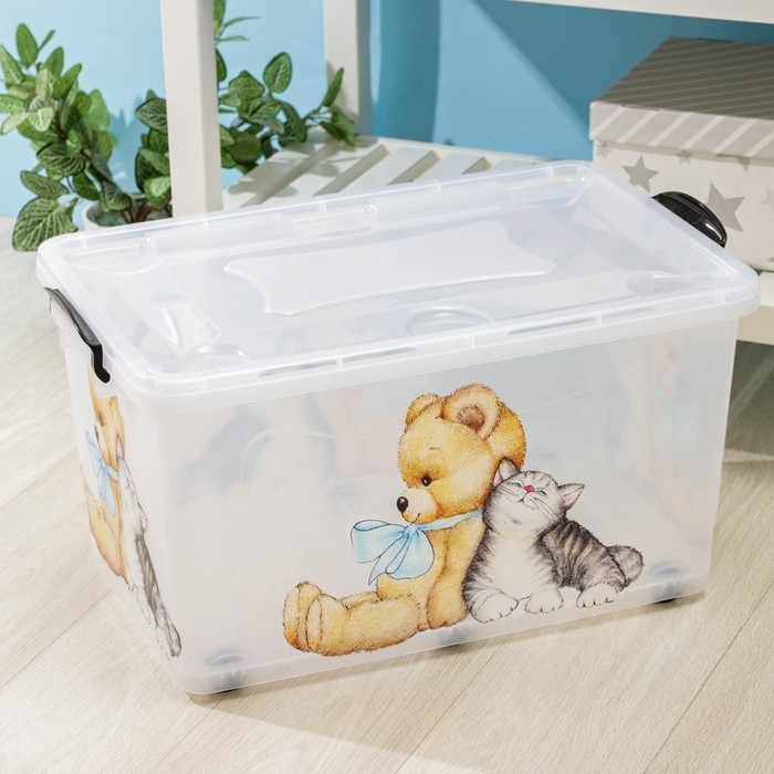 Контейнер для хранения на колёсиках «Мишка и котёнок», 50 л, 60×38×31 см, прозрачный Контейнер для хранения на колёсиках «Мишка и котёнок», 50 л, 60×38×31 см, прозрачный