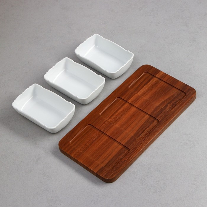 Менажница «Волна», 3 шт:400 мл, деревянное основание, фарфор, Иран Менажница «Волна», 3 шт:400 мл, деревянное основание, фарфор, Иран