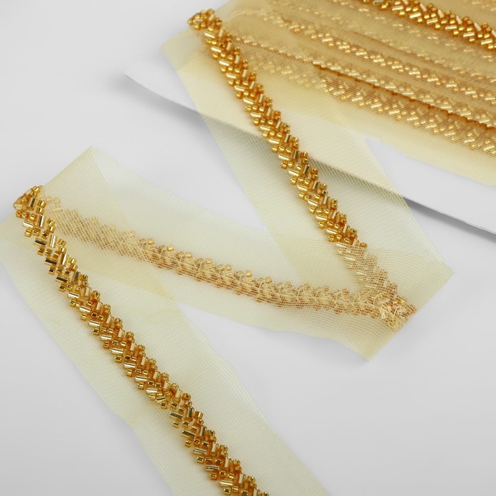 Тесьма декоративная с бисером, 35 мм, 4,5 &plusmn; 0,5 м, цвет золотой