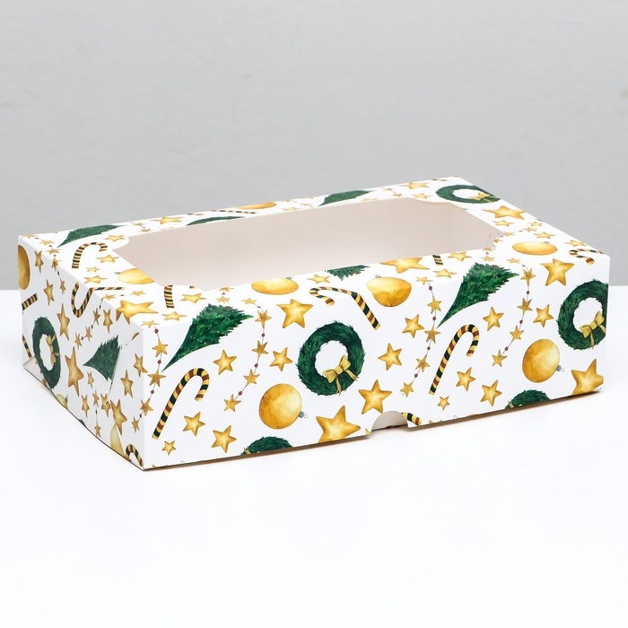 Новый год. Коробка складная, кондитерская упаковка с окном Новый год. Коробка складная, кондитерская упаковка с окном "Звезды и трости", 25 х 15 х 7 см