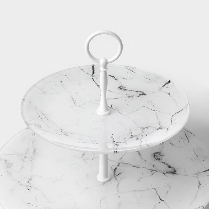 Этажерка-фруктовница стеклянная Доляна &laquo;Мрамор&raquo;, d=21 см, d=30 см, 2 яруса, цвет белый