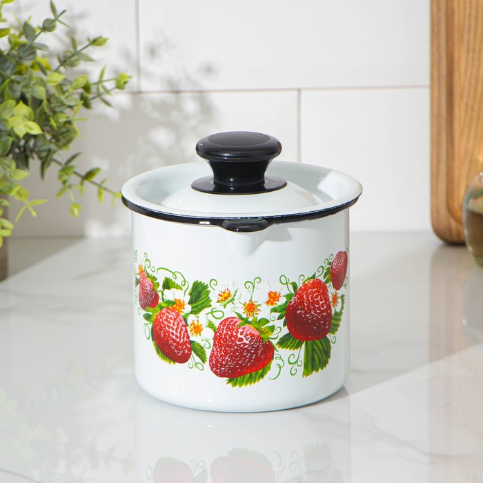 Кружка с носиком, 1 л, с крышкой, деколь МИКС, цвет белый