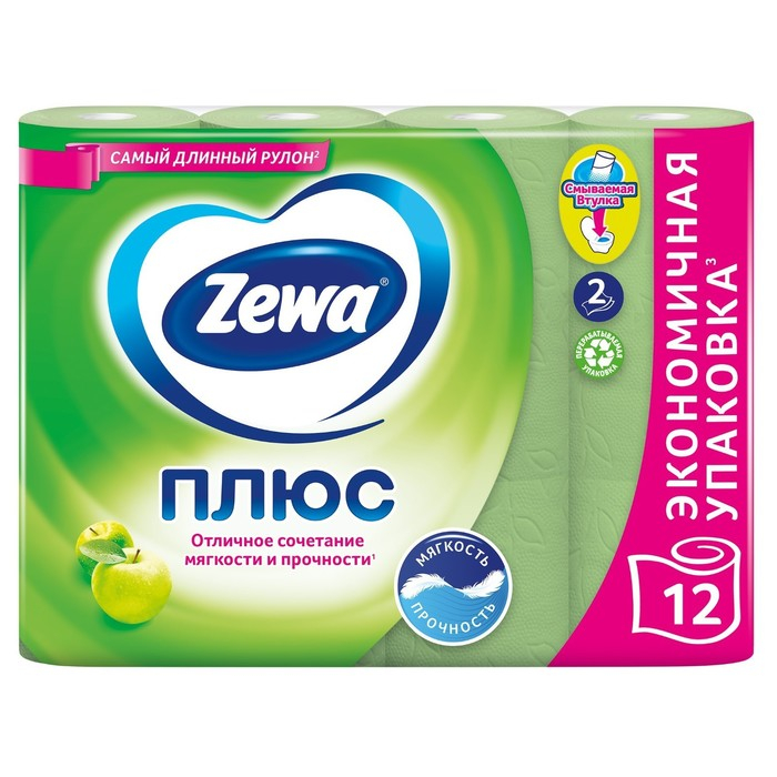 Туалетная бумага Zewa Плюс «Яблоко», 2 слоя, 12 рулонов Туалетная бумага Zewa Плюс «Яблоко», 2 слоя, 12 рулонов