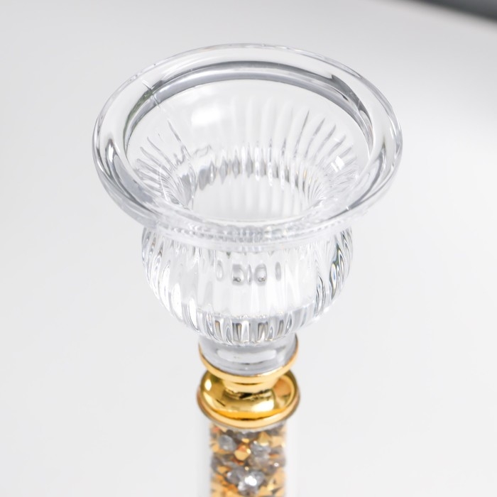 Подсвечник стекло на1 свечу "Ребристый на ножке со стразами" с золотом d=2,5 см 7х7х16 см