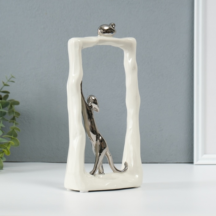 Сувенир керамика "Кошки-мышки - охота. Прямоугольник" белый с серебром 6,2х12х24,5 см