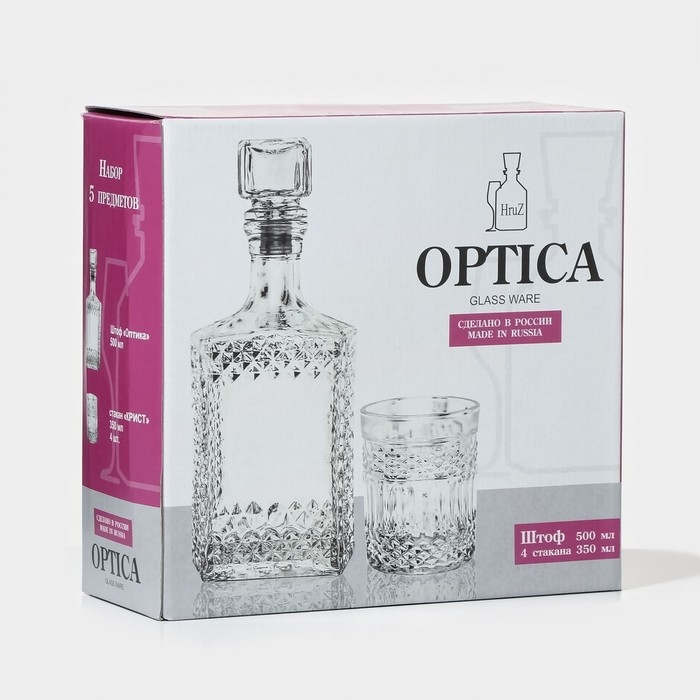 Набор штоф &laquo;Оптика&raquo;, 500 мл, стакан &laquo;Крист&raquo;, 350 мл, 4 шт, МИКС
