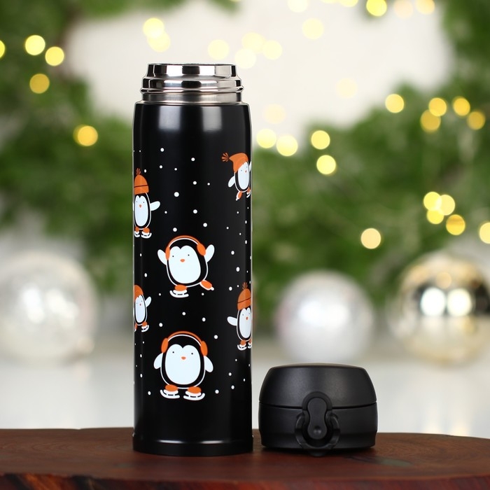Новый год. Термос новогодний &laquo;Пингвины&raquo; цвет чёрный, 450 мл