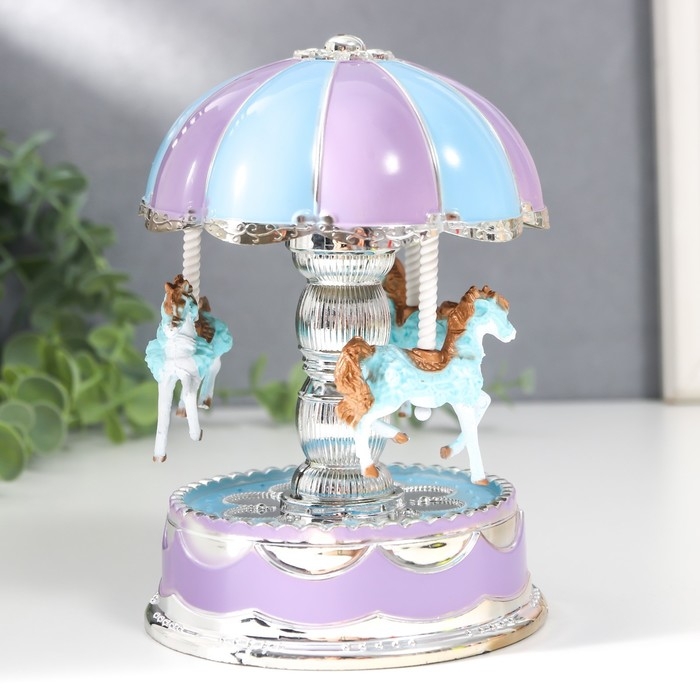 Сувенир музыкальный механический свет "Карусель - кони" голубая 10,5х10,5х15 см