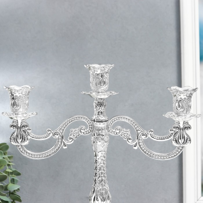 Подсвечник металл на 3 свечи "Узорный" серебро 10х25х26 см