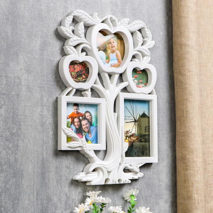 Фоторамка пластик на 5 фото 5,5х7, 9,5х11, 10х15, 10х10 см Фоторамка пластик на 5 фото 5,5х7, 9,5х11, 10х15, 10х10 см "Яблоня" белая 39,5х27,5х2 см