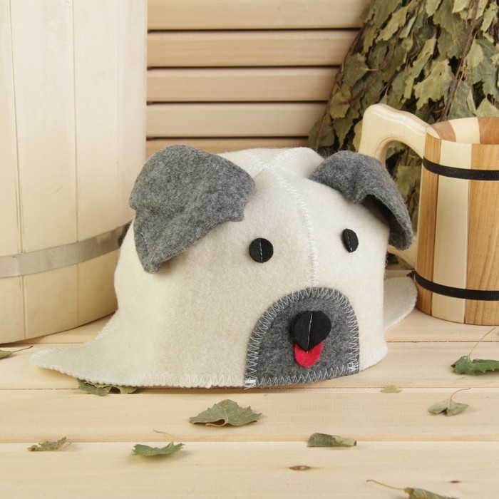 Шапка для бани с детской аппликацией "Собачка", белая, войлок