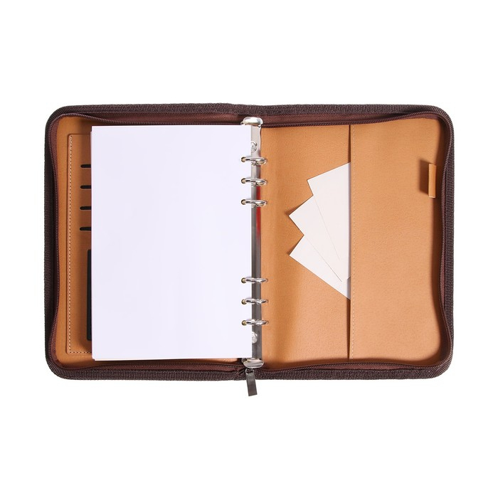 Органайзер на кольцах А5, 100 листов линейку, с калькулятором, на молнии, коричневый Органайзер на кольцах А5, 100 листов линейку, с калькулятором, на молнии, коричневый
