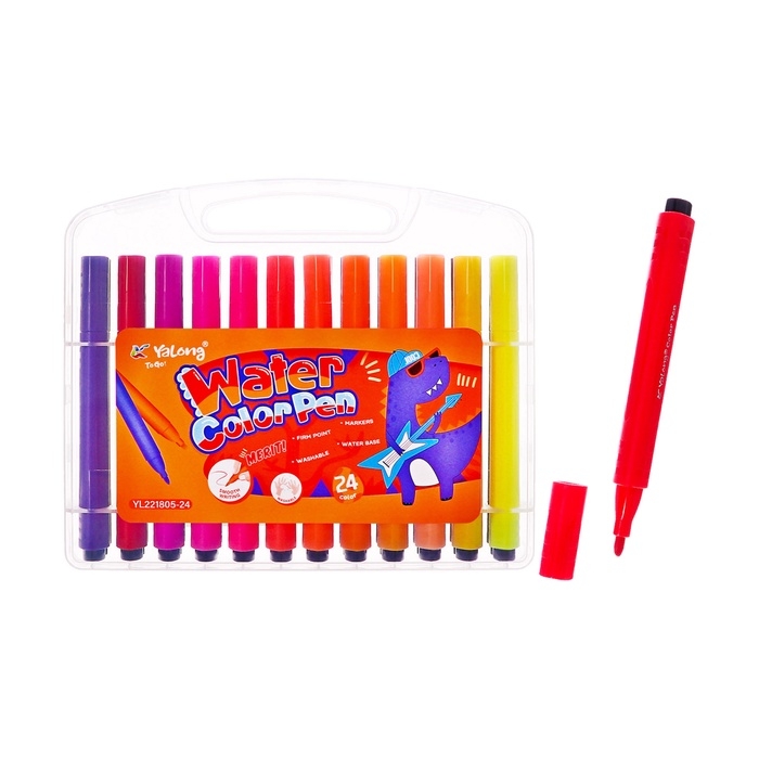 Фломастеры 24 цвета с пулевидным наконечником, в пластиковом пенале Дино  МИКС