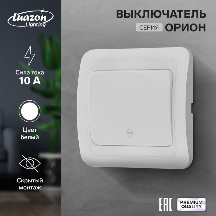 Выключатель проходной Luazon Lighting Выключатель проходной Luazon Lighting "Орион", 10 А, 1 клавиша, скрытый, белый
