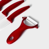 Набор кухонный на подставке &laquo;Изгиб&raquo;, 4 предмета: 3 ножа, овощечистка, + нож в подарок, цвет красный