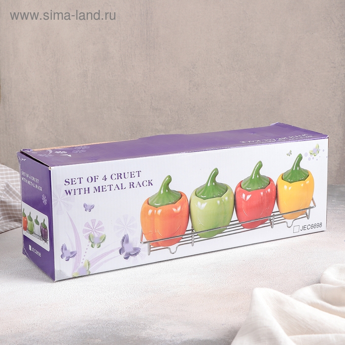 Набор банок керамических для сыпучих продуктов на металлической подставке «Перцы», 4 предмета: 400 мл Набор банок керамических для сыпучих продуктов на металлической подставке «Перцы», 4 предмета: 400 мл