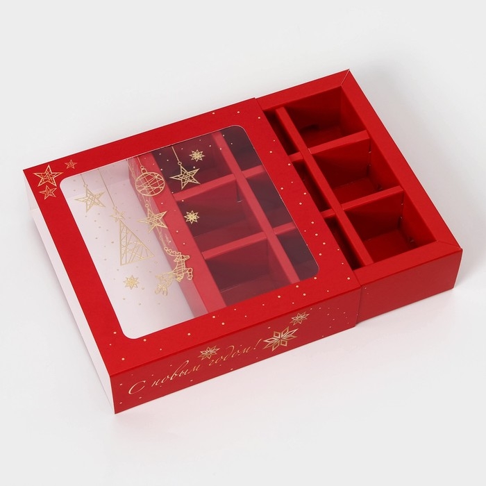 Коробка под 9 конфет Коробка под 9 конфет "Золотая гирлянда", с обечайкой, с окном, 13,7 х 13,7 х 3,5 см