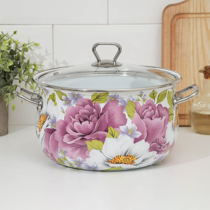 Кастрюля эмалированная «Пион», 5.1 л, стеклянная крышка, индукция Кастрюля эмалированная «Пион», 5.1 л, стеклянная крышка, индукция