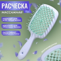Расчёска массажная, широкая, вентилируемая, 8,5 &times; 20,5 см, PVC коробка, цвет белый/бирюзовый