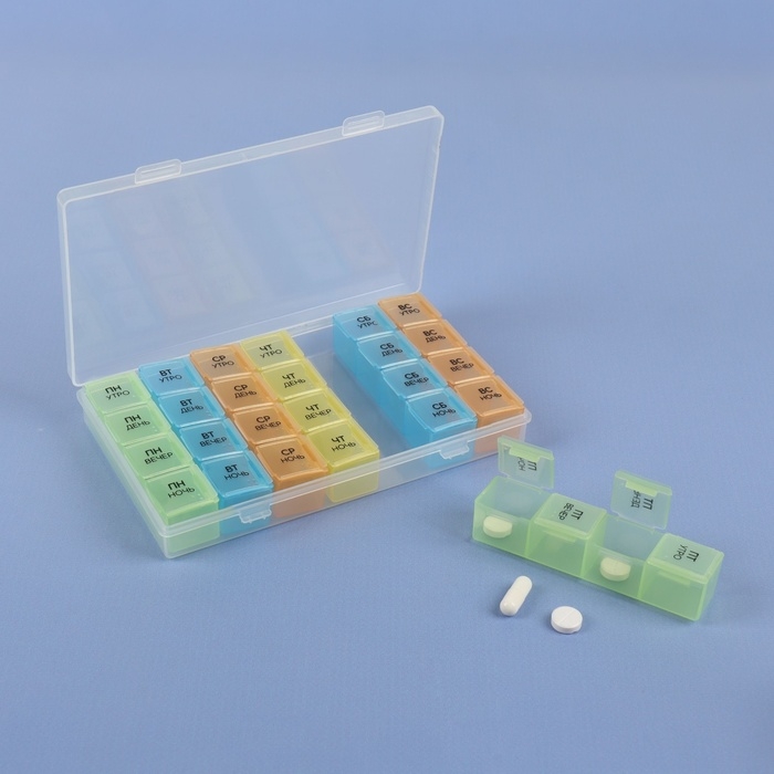 Таблетница - органайзер &laquo;Неделька&raquo;, съёмные ячейки, утро/день/вечер/ночь, 17,5 &times; 10,7 &times; 2,5 см, 7 контейнеров по 4 секции, разноцветная