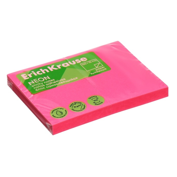 Блок с липким краем бумажный 100х75 мм, ErichKrause "Neon", 100 листов розовый