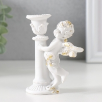 Подсвечник полистоун на 1 свечу "Ангел на колонне" d-1,2 см белый с золотом 9,8х8х7 см