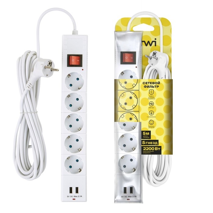 Сетевой фильтр duwi, 5 розеток, 5 м, 10 А, ПВС 3х0.75 мм2, с з/к, 2 USB, со шторками, белый Сетевой фильтр duwi, 5 розеток, 5 м, 10 А, ПВС 3х0.75 мм2, с з/к, 2 USB, со шторками, белый