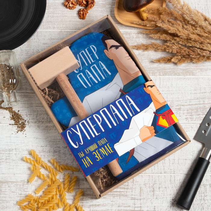 Кухонный набор &laquo;Супер папа&raquo;,варежка-прихватка 20х28см, молоток деревянный